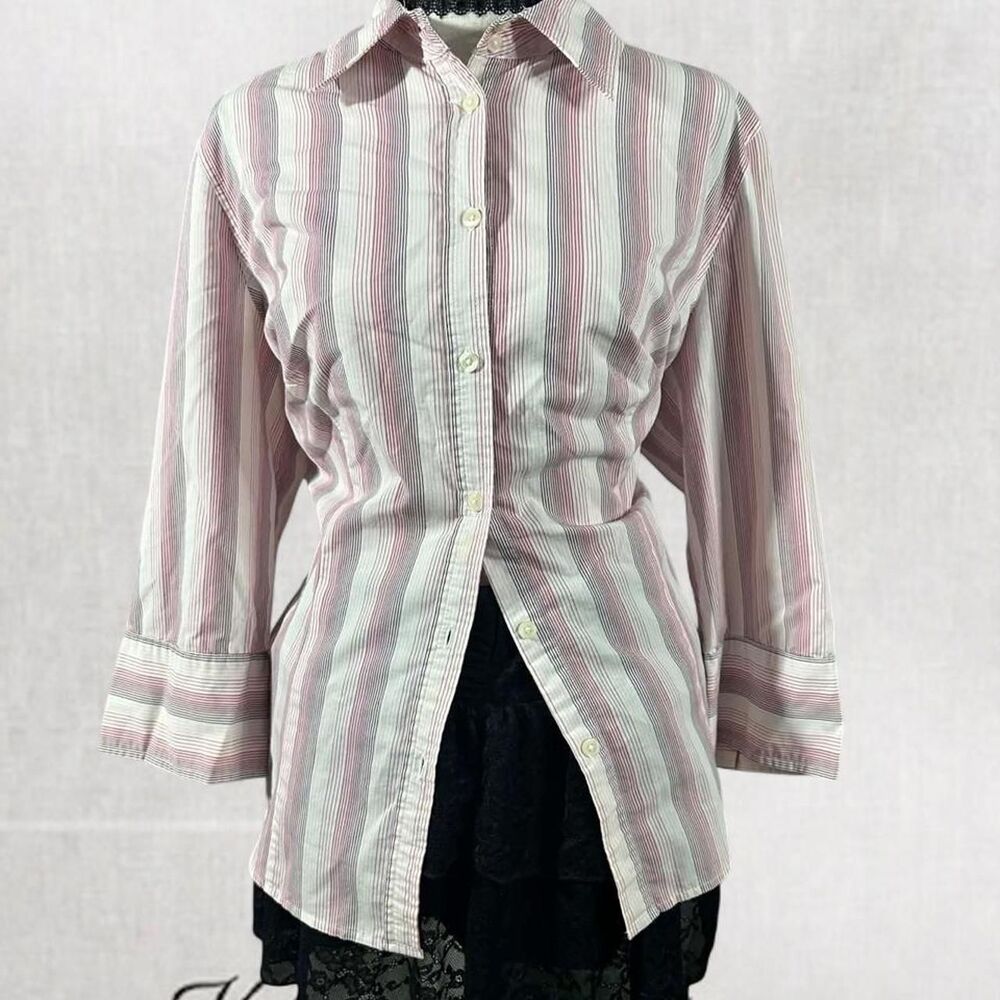 Vintage Style Pinstripe Gray and White Long Sleeve Button Up Top
